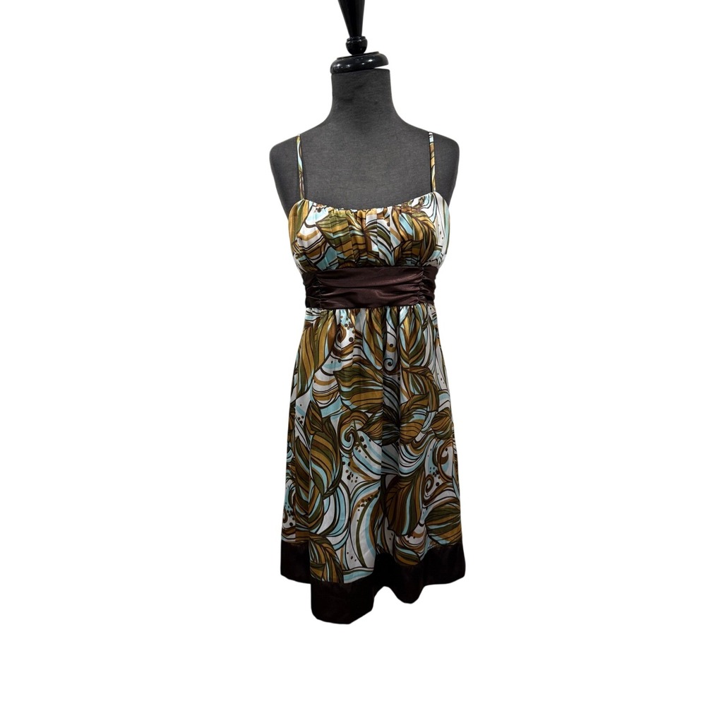 Intrigue Brown Y2K Teal Abstract Leaf Print Empire Waist‎ Tie Back Dress Size 4